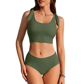 AI'MAGE Womens High Waisted Bikini Sets Scoop Neck Two Piece Swimsuits Sporty Modest Swim Bathing Suits Army Green XL