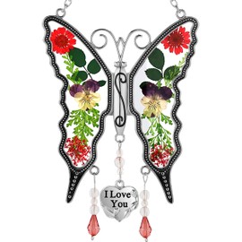 KY&BOSAM Butterfly Suncatcher-Stained Glass I Love You Hangings Wind Chime Ornament for Windows Charm with Metal Heart Gifts for Mother`s Day Valentine's Birthdays Christmas Color Box Package
