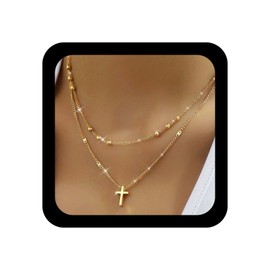 Andelaisi Boho Layered Cross Pendant Necklace Vintage Cross Choker Necklace Gold Crucifix Ball Chain Necklaces Adjustable Crucifix Religious Christian Necklaces Jewelry for Women