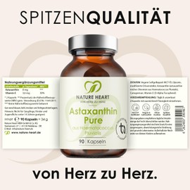 Nature Heart Astaxanthin Pure 90 Capsules - From Haematococcus Pluvialis - With Vitamin E - Vegan - In Coconut Oil - High Purity & No Additives