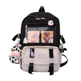 Eagerrich Cute Backpack with Cute Pin Accessories Plush Pendant Lovely Pastel Rucksack for School Bag Student Teen Girls Aesthetic Student Bookbags Super-Capacity Waterproof Travel Backpack(Black-4)