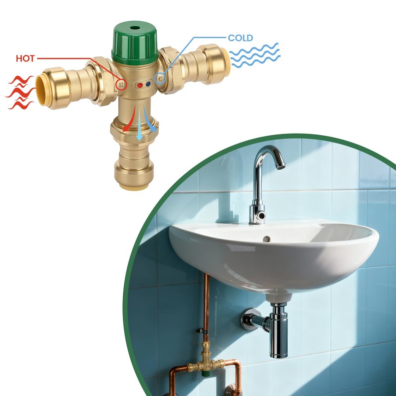Watflow 3/4 Inch Brass Thermostatic Mixing Valve with Union Connections,