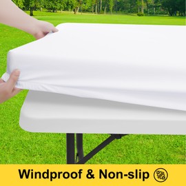 Smiry Picnic Table Cover with Bench Covers, Waterproof Elastic Fitted Polyester Tablecloths for 6 Ft Rectangle Tables, Washable Windproof Tablecloth for Camping, RV & Outdoor (White, 30x72 Inches)