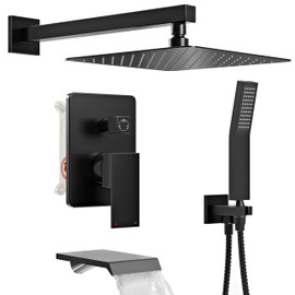 HomGoo Matte Black Shower System with Tub Spout, All-Metal Wall Mounted 12-Inch Rain Shower Head and Handheld Spray Combo, Complete Tub Shower Set with Valve and Trim Kit