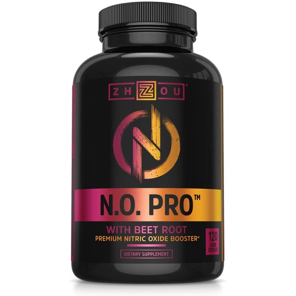Zhou Nitric Oxide with L Arginine, Citrulline Malate, AAKG and Beet Root | Powerful N.O. Booster and Muscle Builder for Strength, Blood Flow and Endurance | 30 Servings, 120 Veggie Caps