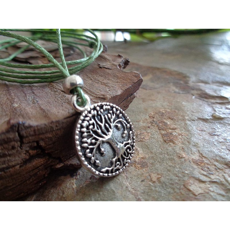 ✿ Moss green chain necklace tree of life forest disc