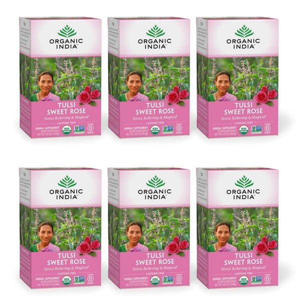 Organic India Tulsi Sweet Rose Herbal Tea - Stress Relieving & Magical, Immune Support, Adaptogen, Vegan, Gluten-Free, USDA Certified Organic, Non-GMO, Caffeine-Free - 18 Infusion Bags, 6 Pack