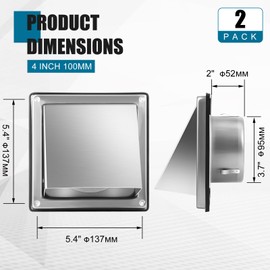 Gisafai 2 Pcs 4" Dryer Vent Cover Outdoor, Stainless Steel Dryer Vent External Extractor Wall Vent Cushioned Non Return Flap with Rubber Gaskets for Home Industrial Facility Replacement