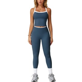 OMEWEE Matching workout set Wide shoulder straps Sports Bra and High Waist Pants Leggings for Yoga, Pilates, gym blue L