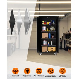 dainslef Metal Garage Storage Cabinet 72" H with Wheels, Tool Cabinet with Pegboard and 4 Adjustable Shelves, Lockable Rolling Black Lockable Garage Cabinet for Home,Garage,Office Organization