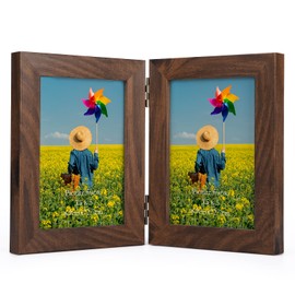 Lyeasw Double Hinged 3.5x5 Picture Frame, Rustic Two Opening 3.5 by 5 Photo Frame with Glass, Brown Folding Frame for Tabletop or Desk Standing