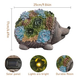 J.CARP Outdoor Solar Garden Hedgehog Statue with Succulents and 7 LED Lights, Decorations for Garden, Patio, Lawn, Outdoor Yard and Deck, Unique Housewarming Gifts