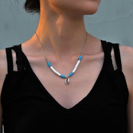 Xduargs Boho Shell Pendant Necklace Blue Polymer Clay Kauri Necklace Vintage Heishi Beads Choker Necklace Adjustable Shell Sewing Chain Necklace Jewellery for Women, Zinc, No Gemstone