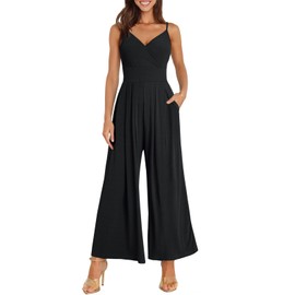 ANRABESS Jumpsuits for Women 2025 Summer Dressy Spaghetti Strap Ribbed V Neck Wide Leg Overalls Flowy Romper Jumpers Outfits Black X-Large