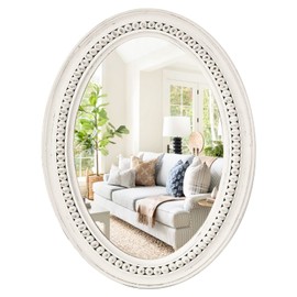 H HOMEWINS Oval Mirrors for Wall,20x30 Oval Wooden Rustic Farmhouse White Beads Boho Decorative Mirror for Bedroom, Bathroom, Living Room,Vanity