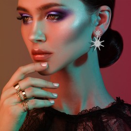 HINZIC 2 Pairs Starburst Earrings Sparkly Rhinestone Celestial Earrings Silver Gold Star Front Back Studs Boho Wedding Prom Valentines Birthday Accessories for Women