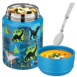 Aimsnk 17oz Soup Thermo for Hot Food Kids Insulated Food Jar,Thermo Hot Food Lunch Container, Width Mouth Stainless Steel Lunch Box for Kids with Handle Folding Spoon(Blue - Dinosaur)