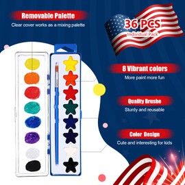 Watersay 36 Packs Watercolor Paint Set for Kids 8 Colors Star Washable Watercolors Paint with Paintbrush Water Coloring for 4th of the July Patriotic Party Favors Gifts Art Lessons Classroom Supplies