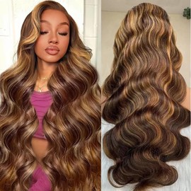 Smavida 13x4 Highlight Ombre Lace Frontal Wigs Human Hair 4/27 Honey Blonde Body Wave Glueless HD Transparent Lace Frontal Wigs for Black Women Pre Plucked with Baby Hair 22 Inch 180% Density