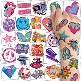 CHARLENT Glitter Groovy 70s Temporary Tattoos for Kids - 74 Individually Sheets Glitter Retro Flower Power, Smiley Decorations Tattoos Stickers for Boys Girls Party Supplies