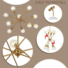 BONLICHT Modern 10 Light Sputnik Chandeliers Brushed Brass with Adjustable Arms Metal Kitchen Light Fixtures Gold Mid Century Pendant Lighting Vintage Industrial Ceiling Lights for Living Room