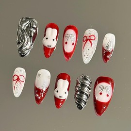 NailVesta DreamWear Collection – 100% Handcrafted 3D Press-On Nails | Reusable, Long-Lasting, Salon-Quality:_Holiday Bunny_S