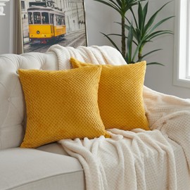 jinchan Fleece Throw Pillow Covers Winter Flannel Plush Fuzzy Fluff Soft Waffle Corduroy Decorative Cushion Covers Pillowcases for Couch Sofa Bedroom 18 x 18 Inch Mustard Yellow Pack of 2