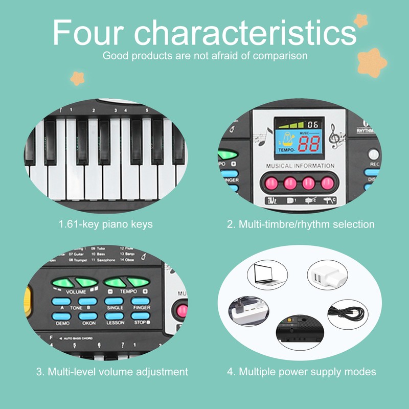 61Key Mini Electric Piano Black MultiFunctional Studio Toy with Microphone