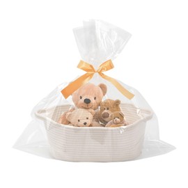 Large Empty Gift Basket, Braided Gift Basket with Gift Film, Transparent & Gift Bow, Fabric Basket for Gifts with Side Handles, Creative Gift Ideas, White