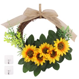 JINXIAN Door Wreath Spring 26 cm Sunflower Wreath Front Door Decoration with 2 Hooks Green Leaves Wine Roots and Bow Tie Door Wreath All Year Round for Front Door Fence Doors Weddings Parties
