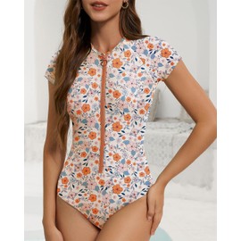 Century Star One Piece Swimsuit Women Modest Swimsuits for Women Rash Guard Swimsuit High Neck Zipper Short Sleeve Swimwear Athletic Full Coverage Teen Bathing Suit Orange Floral XX-Large