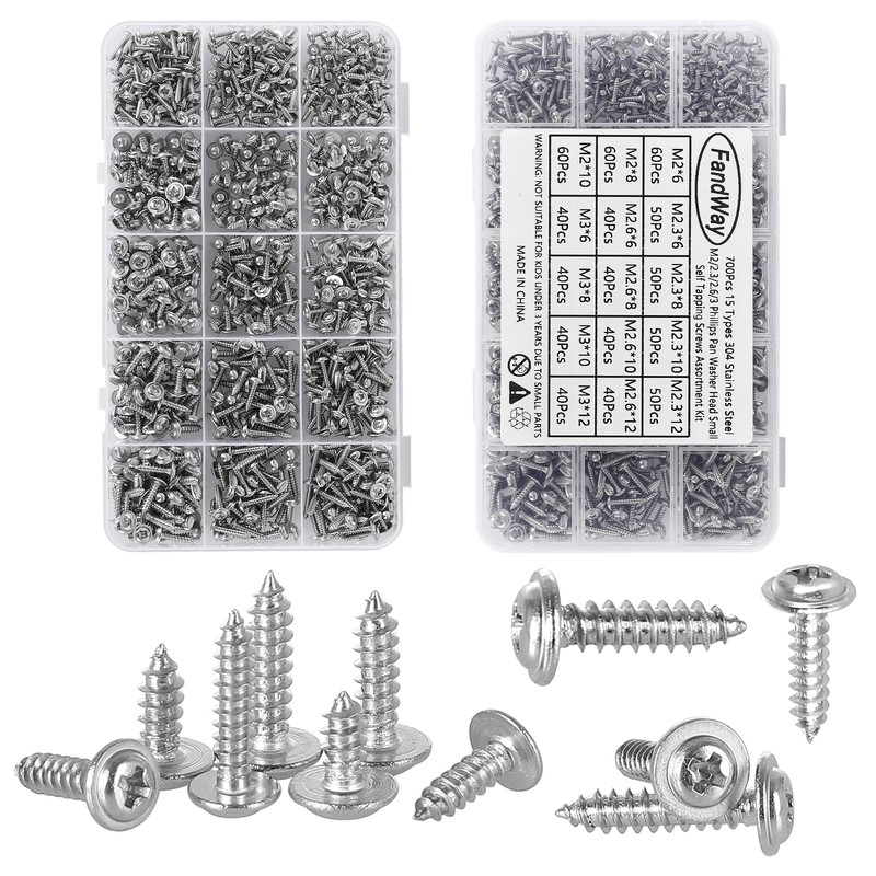 FandWay 700Pcs Phillips Pan Head With Washer Self-Tapping Screws, M2