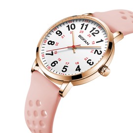 BOFAN Nurse Watch for Nurse,Medical Professionals,Students,Doctors with Easy to Read Dial,Second Hand and 24 Hour,Breathable Silicone Band,Water Resistant（Rose Gold-Pink）