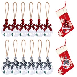 Bylion 12 Pcs Christmas Stocking Name Tags Hollow Out Wooden Name Tags for Christmas Tree & Stockings DIY Wood Tags for Stockings with Plaid Bows and Beads Rustic Christmas Tree Ornaments Decor