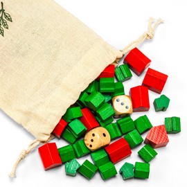 Waldfelsen® Wooden Toy Figures: 32 Green Houses, 12 Red Hotels and Two Eye Cubes Including Fabric Bag | Classic Figures Game Material