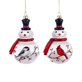Kurt Adler C6315 Glass Snowman with Cardinal and Chickadee Decorative Holiday Christmas Tree Festive Ornament Set with Gold Chain (2 Pack)