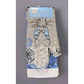 Beatrix Potter Peter Rabbit 3 Pc Kitchen Set Gray Dandelion 1 Towel 2 Mitts NEW