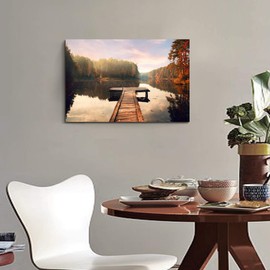 Inpraradiso Nature Canvas Wall Art Decor: Lake Pier Landscape Picture Forest Tree Scenic Painting Panoramic Fall Scene Print Artwork for Bedroom Bathroom
