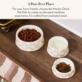 MACKENZIE-CHILDS Enamel Pet Bowl, Cute Cat and Dog Bowl for Food and Water, Medium, Brown-and-White Mocha Check