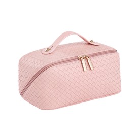 Tiita Travel Makeup Bag, Large Capacity Cosmetic Bag, Waterproof Portable Leather Toiletry Bag for Women, Organizer Bags with Handle and Open Flat for Girls(Pink)
