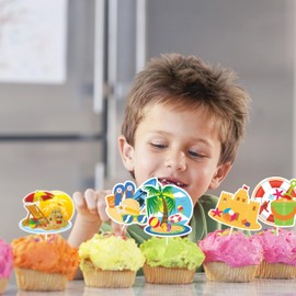 48pcs Summer Beach Happy Birthday Cupcake Toppers - Pool Swimming Surfing Cupcake Toppers Picks - Summer Hawaii Holiday Birthday Party Favor Supplies
