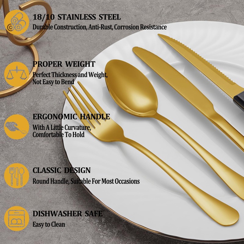 72 Pcs Gold Silverware Set with Steak Knives, Stainless Steel