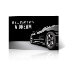 HB Art Design It All Starts with a Dream Inspiring Quote Black Luxury Car Canvas Print Motivational Wall Art Success Entrepreneur Quote Living Room Office Decor Inspirational Gift Ready to Hang 15x22