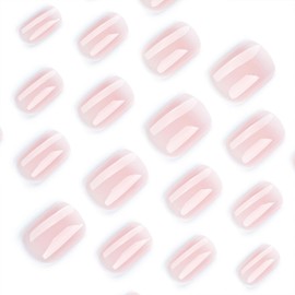 24Pcs Nude Press on Nails French Short Fake Nails Full Cover Square Acrylic False Nails with Pink White Gradient Design Glossy Artificial Glue on Nails Natural Stick on Nails for Women