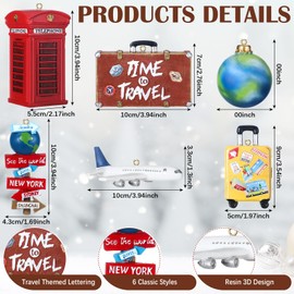 Vercraft 6 Pcs Travel Christmas Tree Ornaments Resin Travel Themed Christmas Tree Decoration with Travel Suitcase Airplane Stacked World Signs Telephone Booth for Travelers Custom Gifts Xmas House