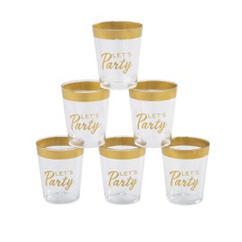 Fun Express 50 Pieces Premium Gold-Trim Let’s Party Shot Glasses, Holds 2 oz, BPA Free Plastic, Wedding Party Supplies, Clear & Gold