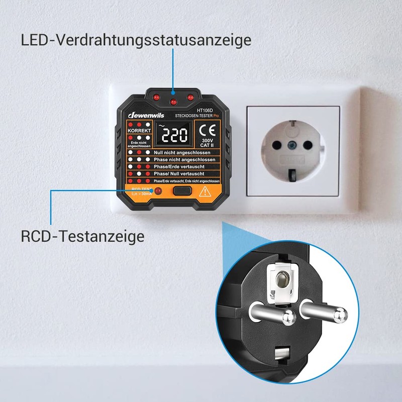 DEWENWILS Socket tester with RCD test and LCD voltage display,