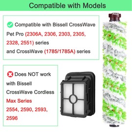 Bvhonwe 6 Pack Replacement Parts for bissell CrossWave Pet Pro 2306A & CrossWave 1785 Series Vacuum Cleaner, 3 Pack 2460 Brush Rolls,3 Pack 1866 Filters,Compare to Part 1613568&161-3568, 1608684