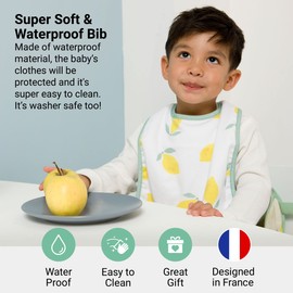 BabyToLove Set of 2 Bibs | Soft & Waterproof with a Hook & Loop Closure | Infant & Toddler Mealtimes | Happy Lemon