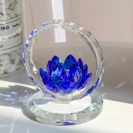 LONGWIN Crystal Lotus Basket Sculpture Collection Glass Flower Art Decoration Reflective Feng Shui Living Room Room Office AB Coating Decorative Accessories (Blue)